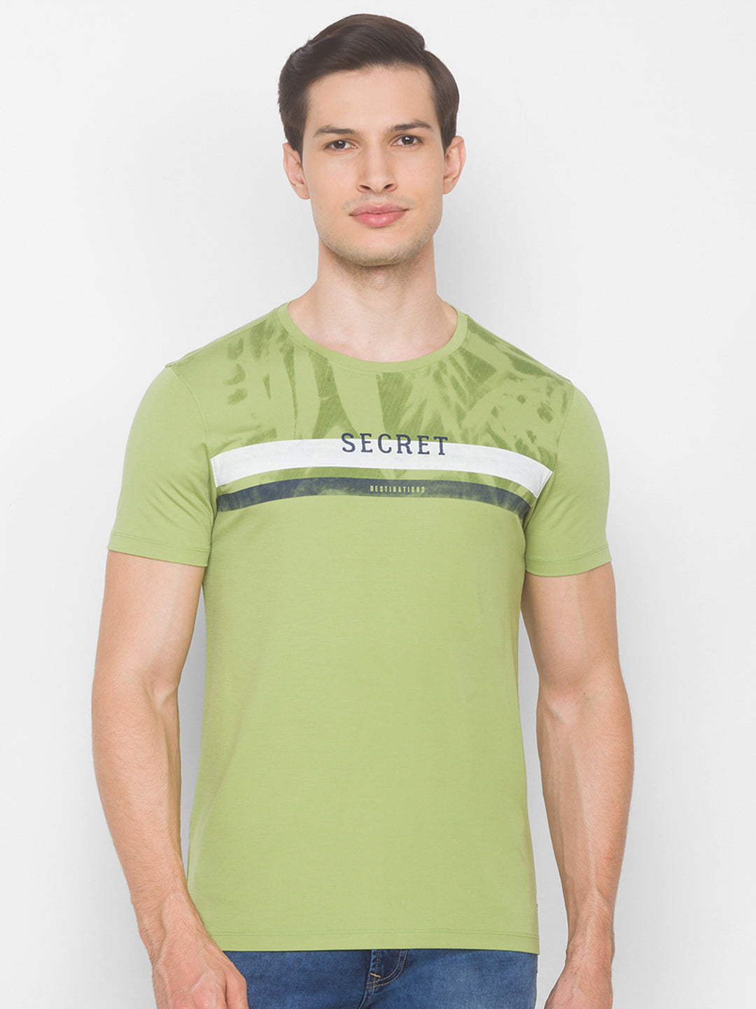 Spykar Men Green Cotton Slim Fit Round Neck T-Shirt