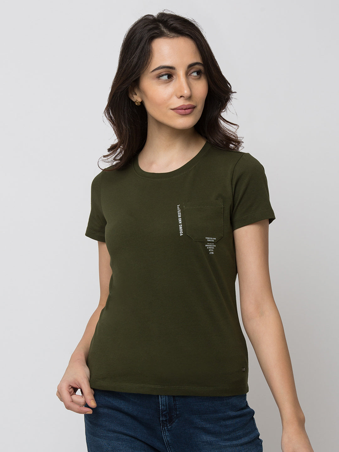 Spykar Women Green Lycra Regular Round Neck T-Shirt