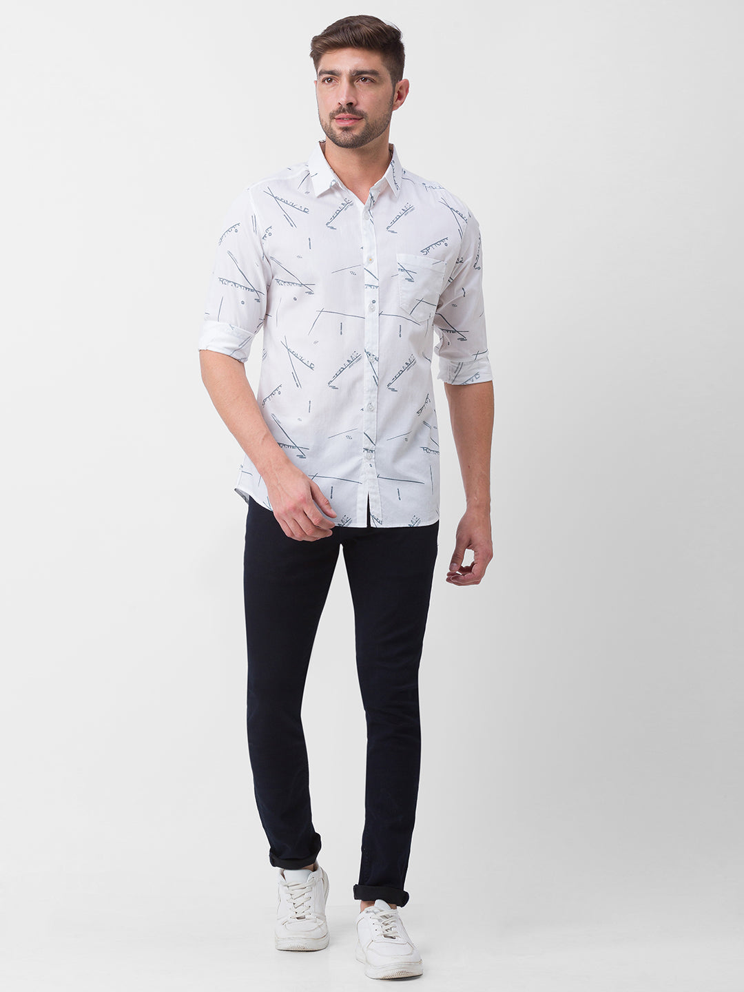 Spykar White Cotton Full Sleeve Printed Shirt For Men