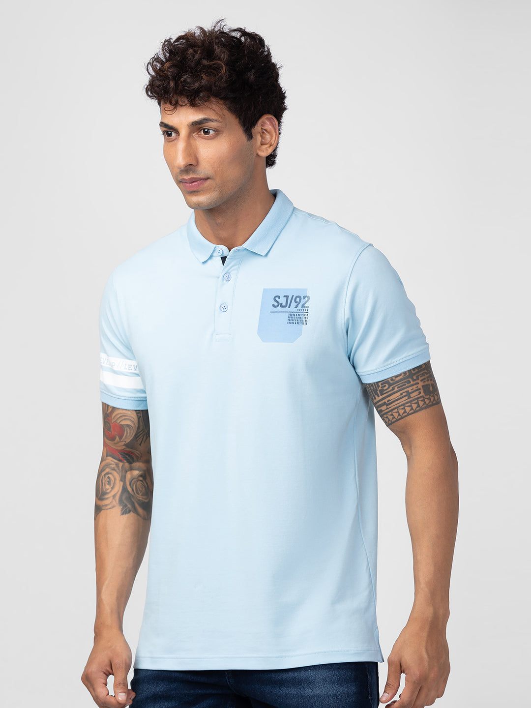 Spykar Men Powder Blue Cotton Regular Fit Half Sleeve Plain Polo T-Shirt