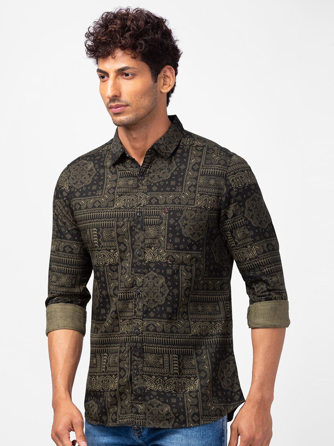 Spykar Men Olive Cotton Slim Fit Printed Shirts