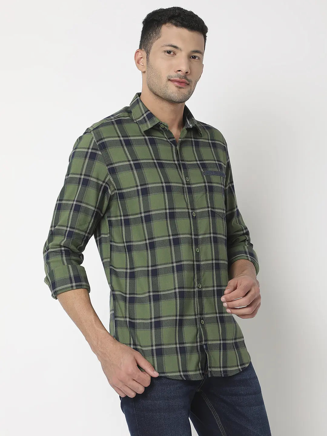 Spykar Men Olive Cotton Slim Fit Checkered Shirt