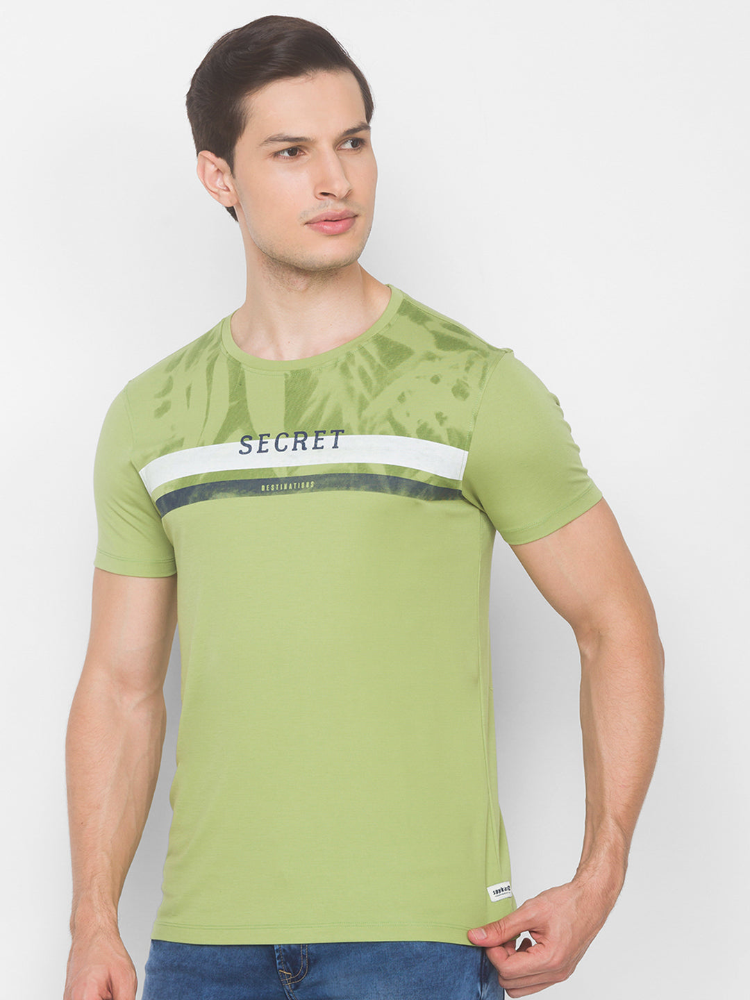 Spykar Men Green Cotton Slim Fit Round Neck T-Shirt