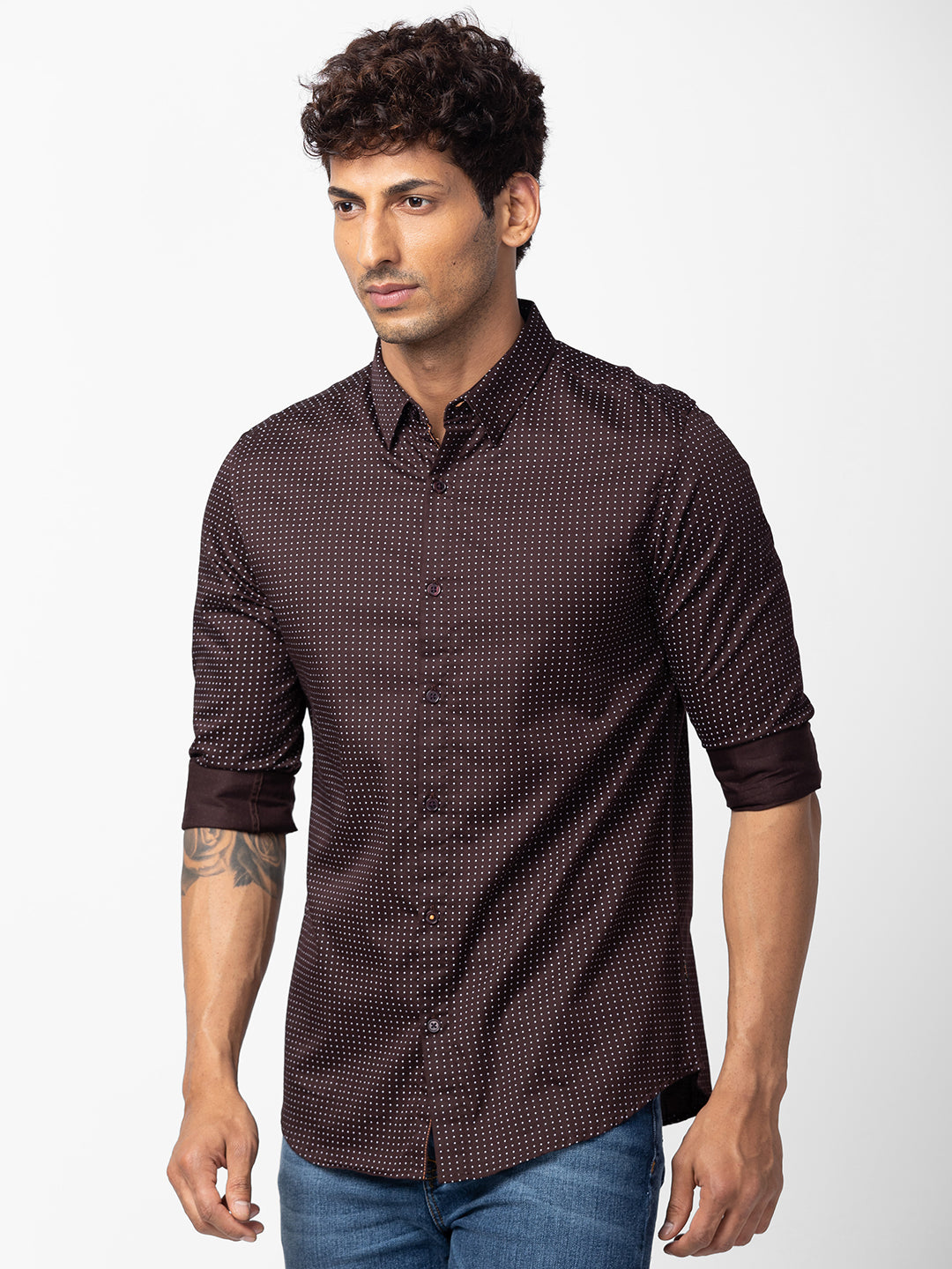 Spykar Men Coffee Brown Cotton Slim Fit Printed Shirt