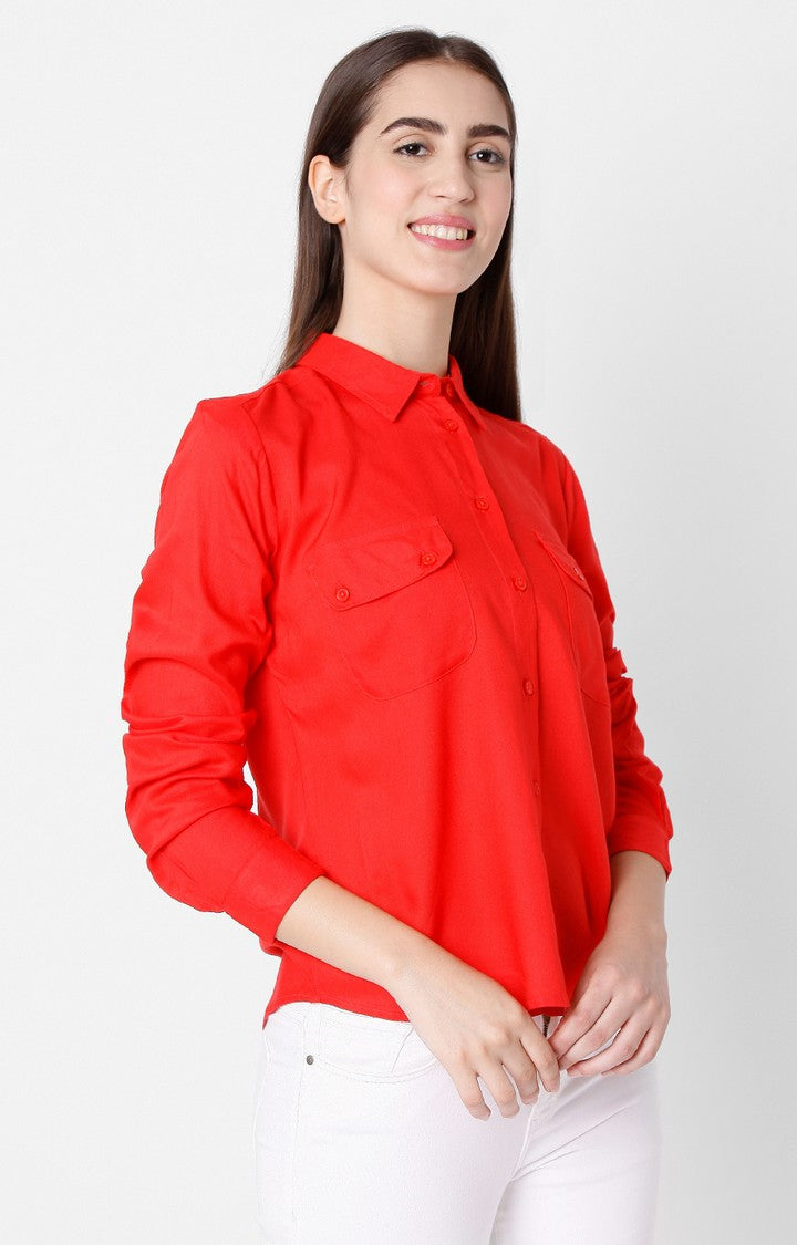 Spykar Regular Fit Red Cotton Women Shirts