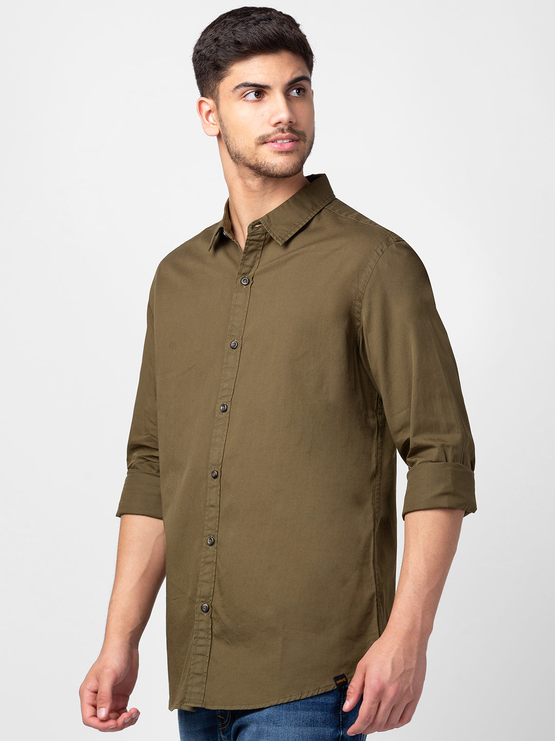 Spykar Men Military Green Cotton Slim Fit Plain Shirt