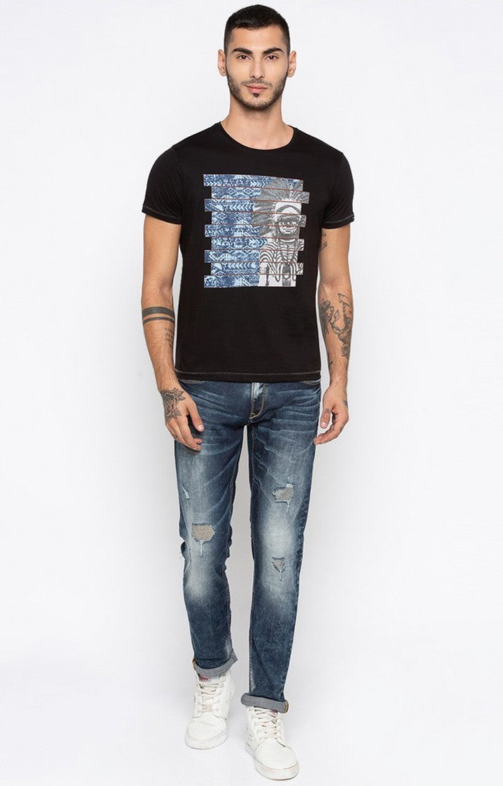 Spykar Black Printed Slim Fit Men T-Shirts