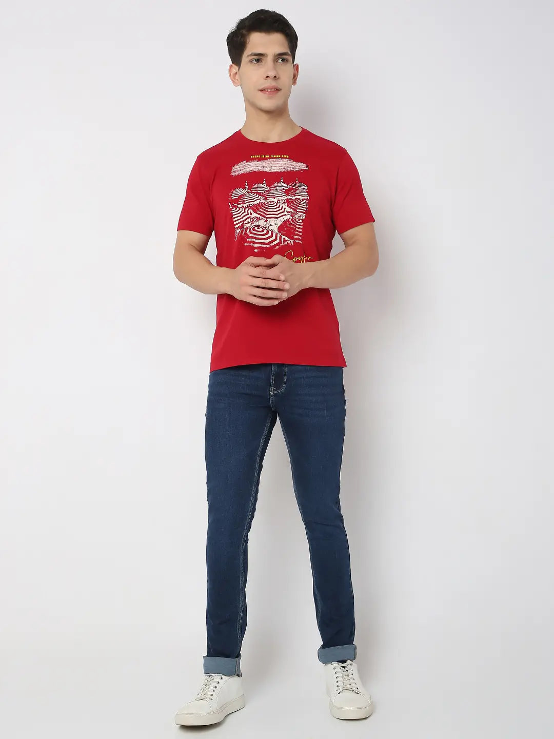 Spykar Men Deep Red Cotton Regular Fit Printed Round Neck Tshirt