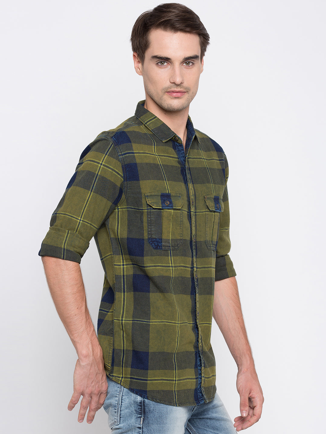 Spykar Men Green Checked Slim Fit Casual Shirt