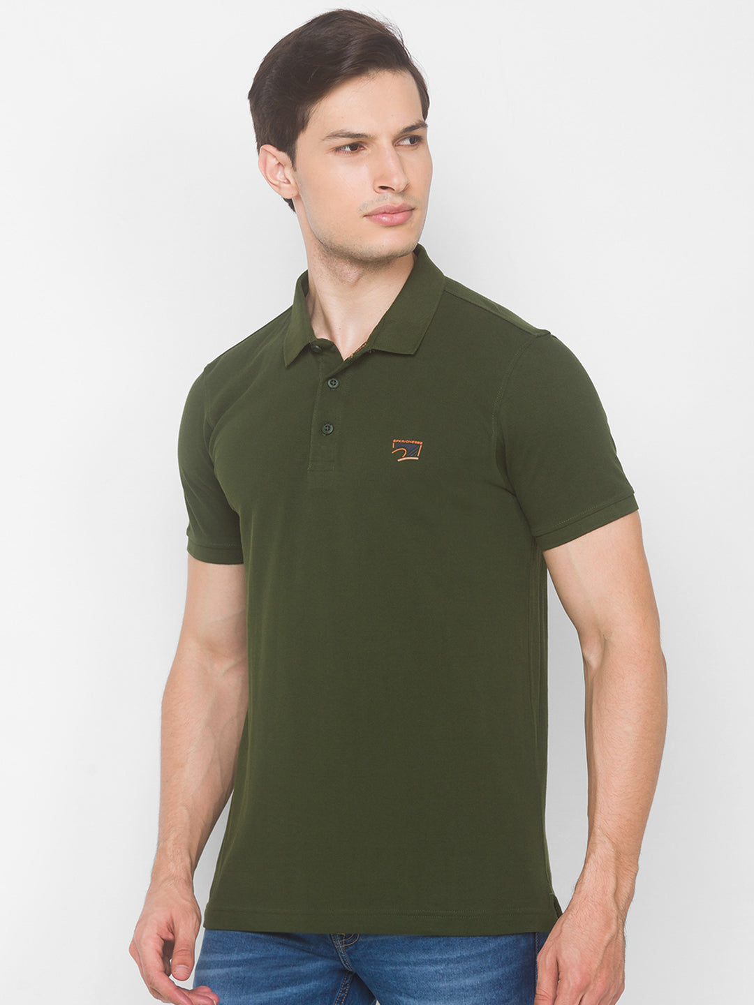 Spykar Men Green Cotton Slim Fit Polo T-Shirt