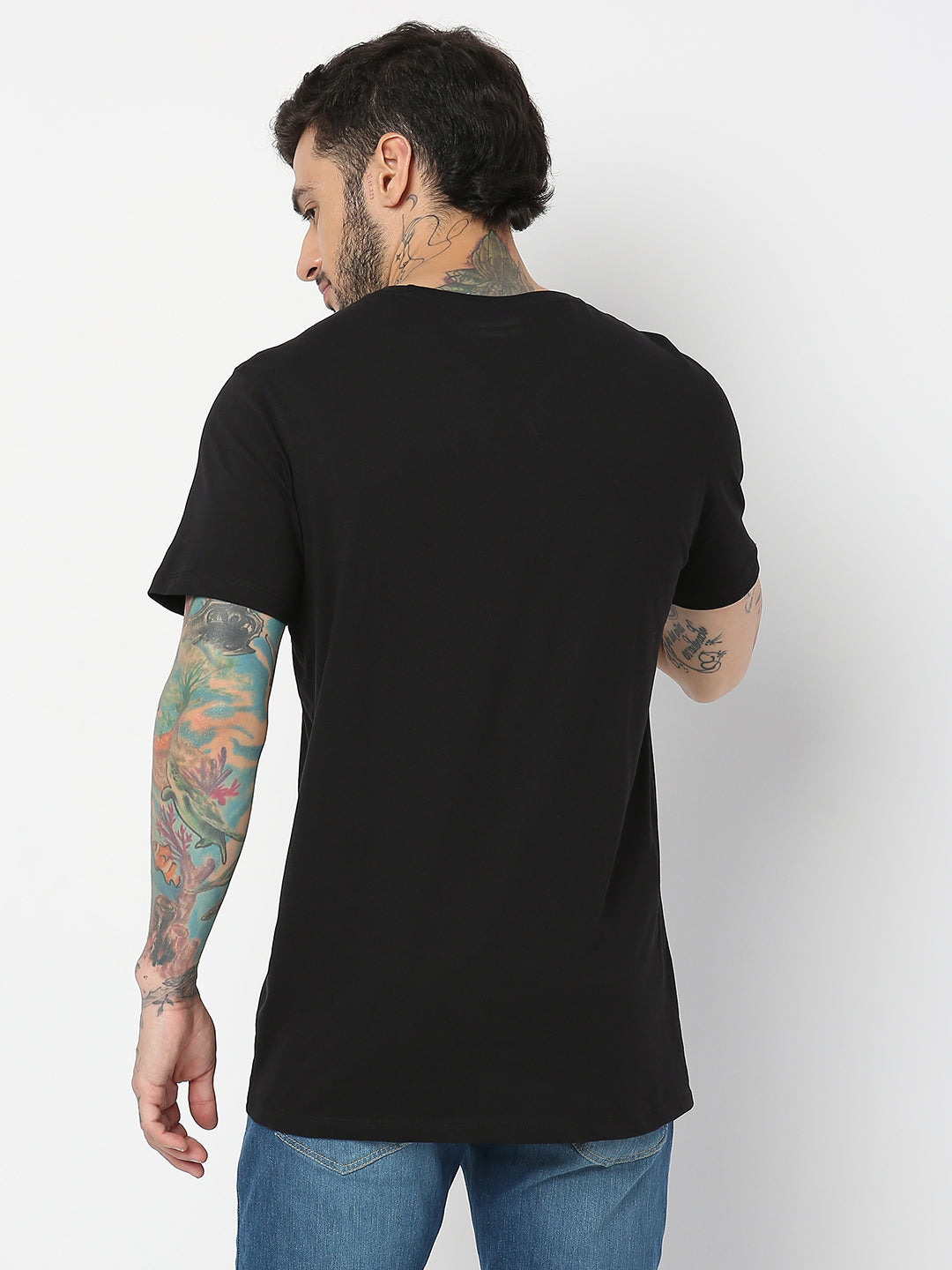 Spykar Men Black Cotton Slim Fit Round Neck Printed T-Shirt