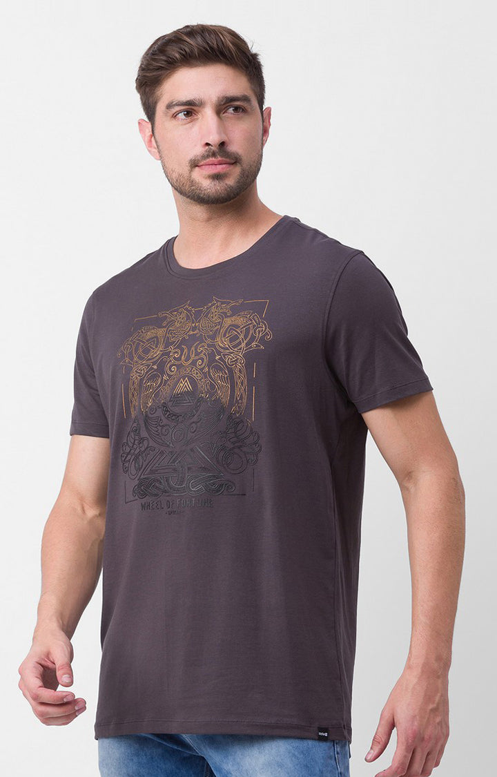 Spykar Slate Grey Cotton Half Sleeve Printed Casual T-Shirt For Men