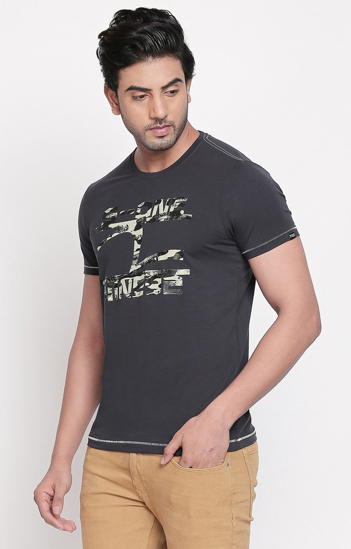 Spykar Charcoal Printed Slim Fit Men T-Shirts