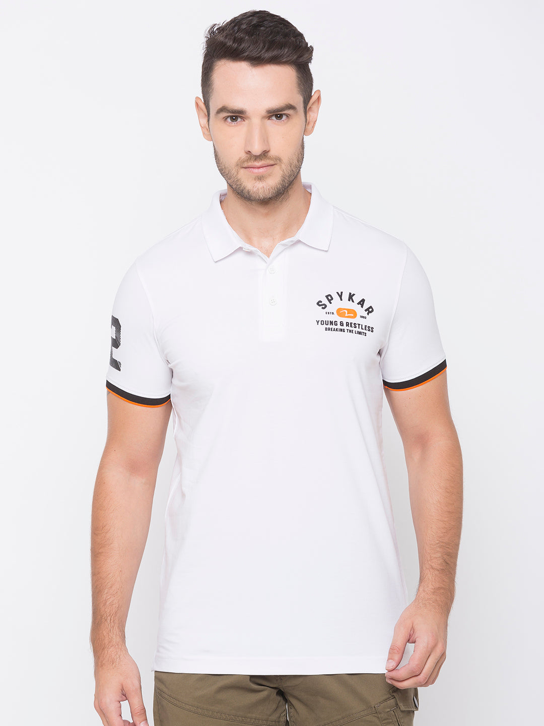 Spykar Men White Cotton Slim Fit Polo T-Shirt