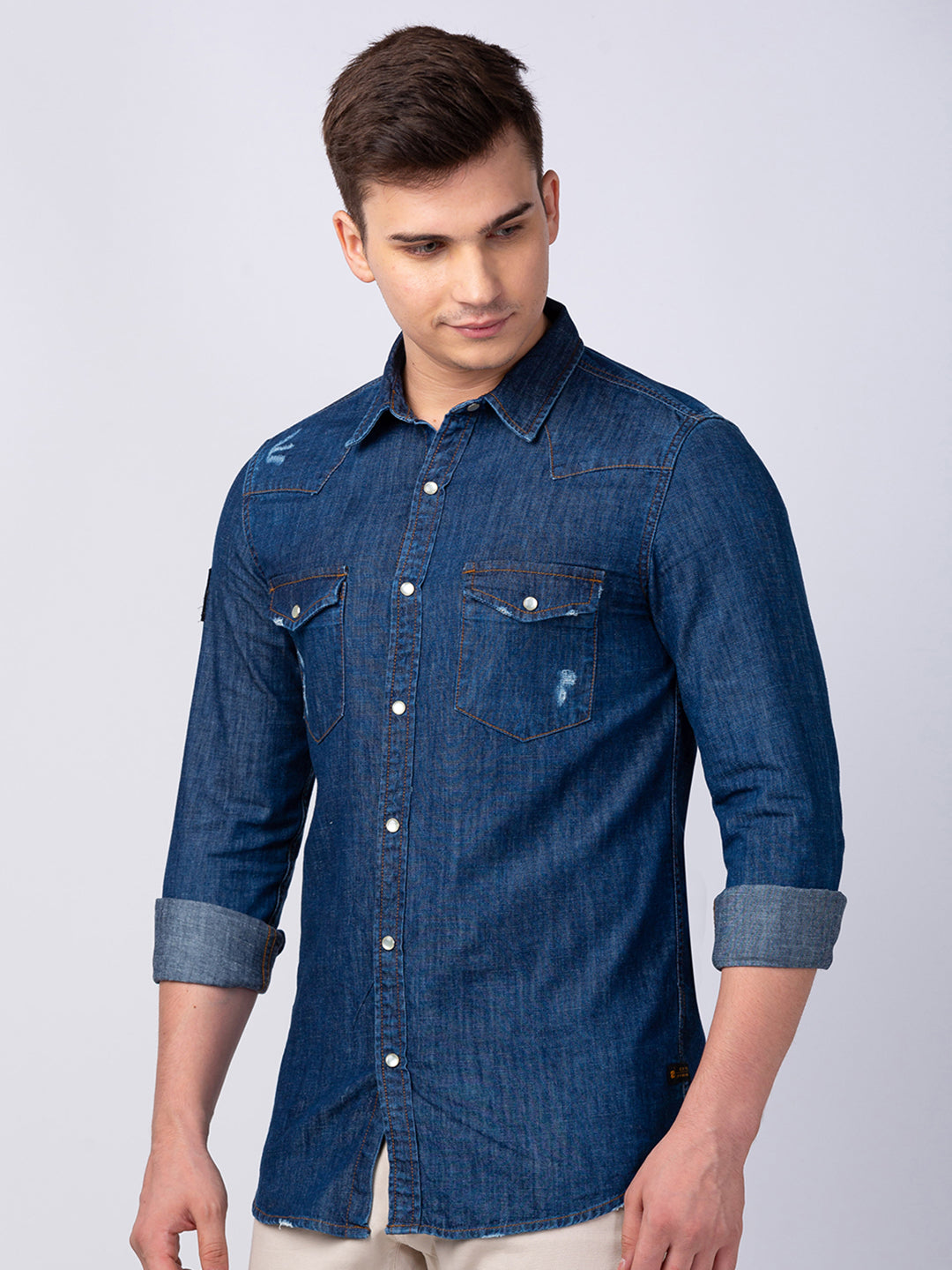 Spykar Men Dark Blue Cotton Slim Fit Denim Shirt