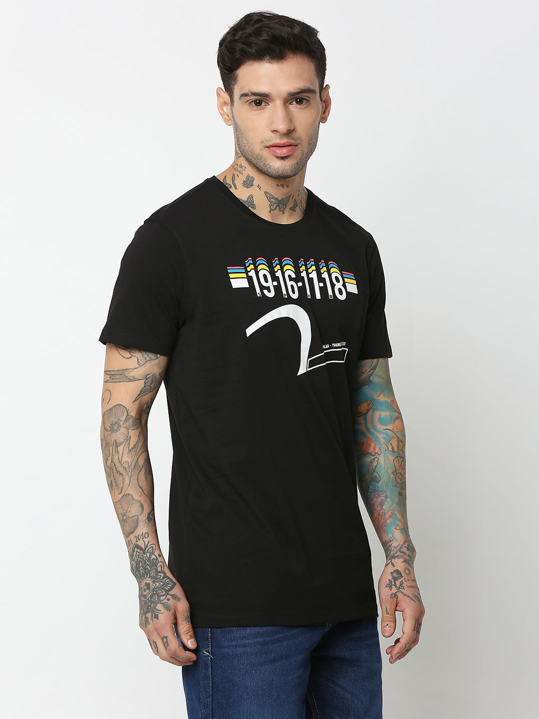 Spykar Men Black Cotton Slim Fit Round Neck Printed T-Shirt