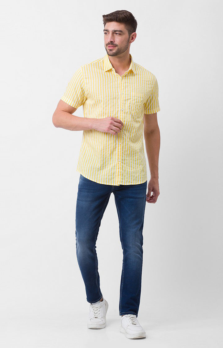 Spykar Butter Yellow Cotton Half Sleeve Stripes Shirt For Men