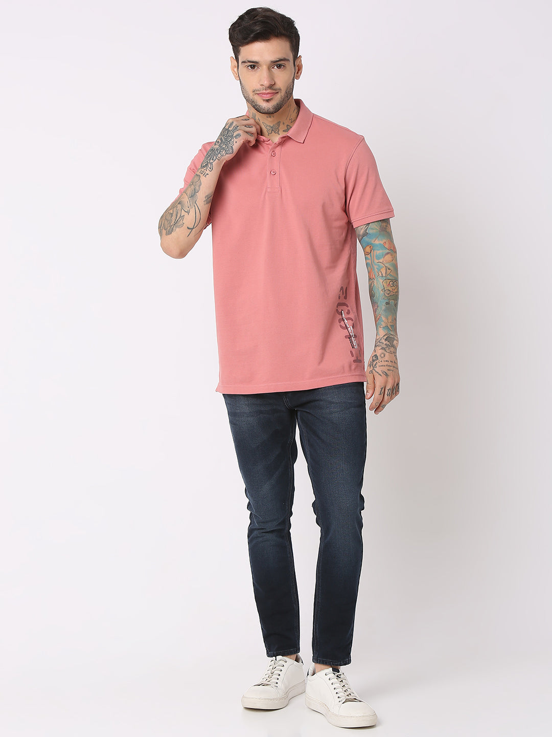 Spykar Men Dusty Pink Cotton Regular Fit Polo Plain T-Shirt