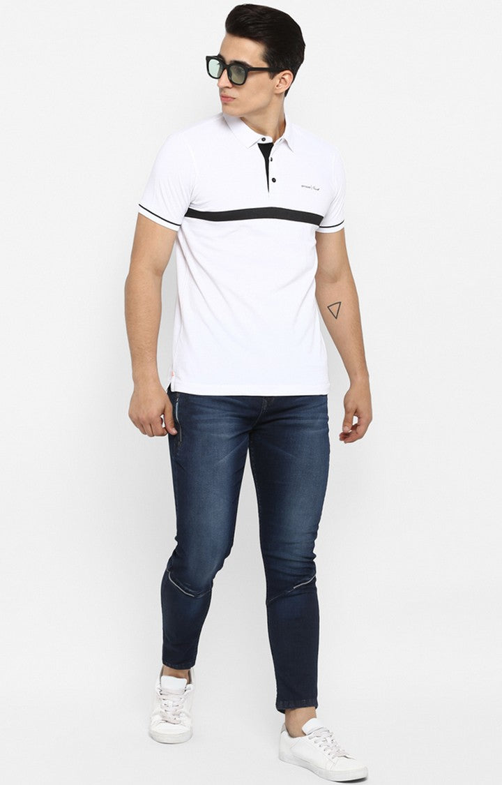 Spykar White Striped Slim Fit Polo T-Shirt