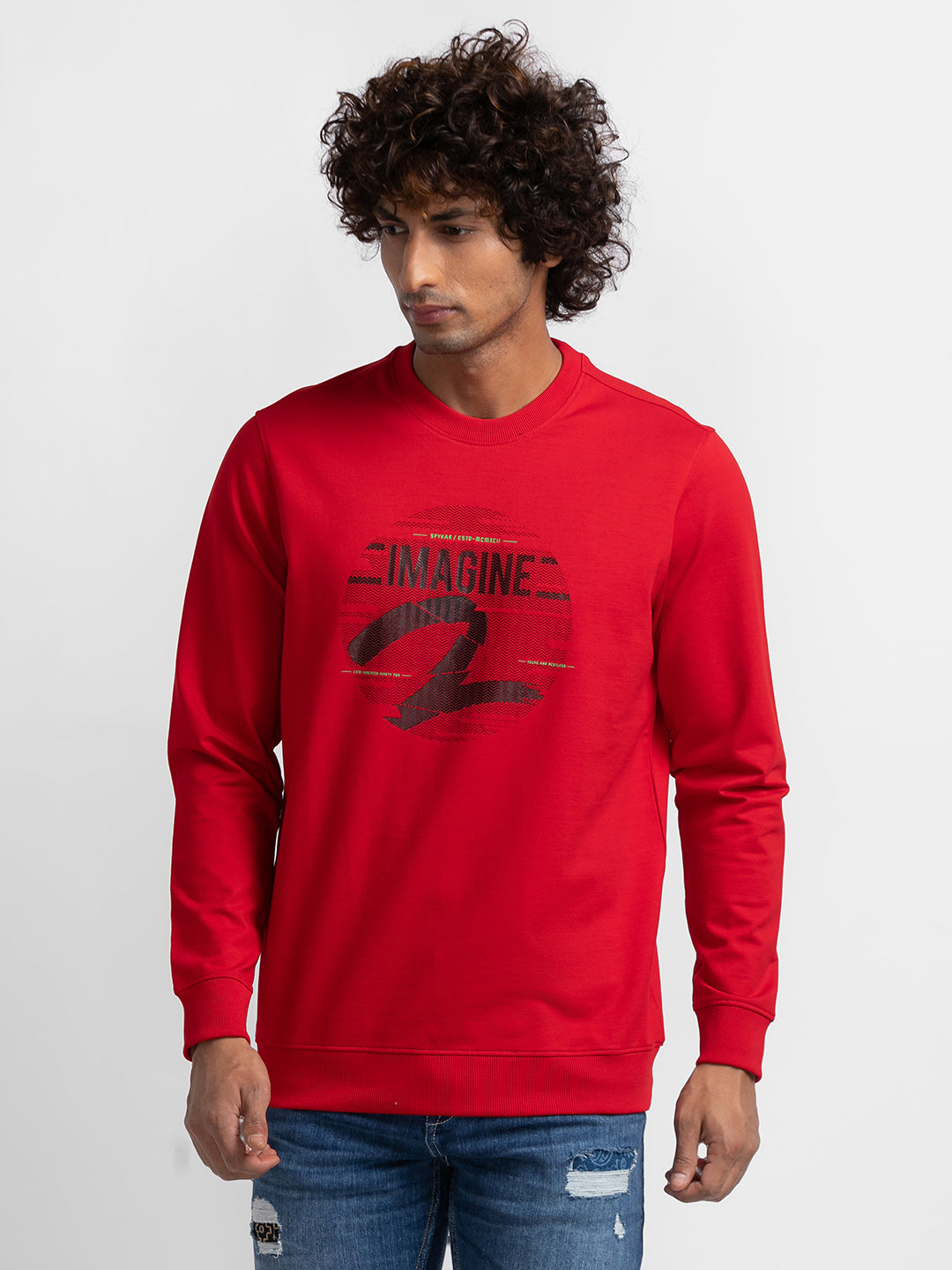 Spykar True Red Cotton Full Sleeve Round Neck Sweatshirt For Men