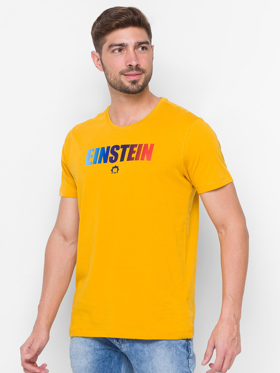 Albert Einstein Spykar Men Yellow Cotton Slim Fit Round Neck T-Shirt