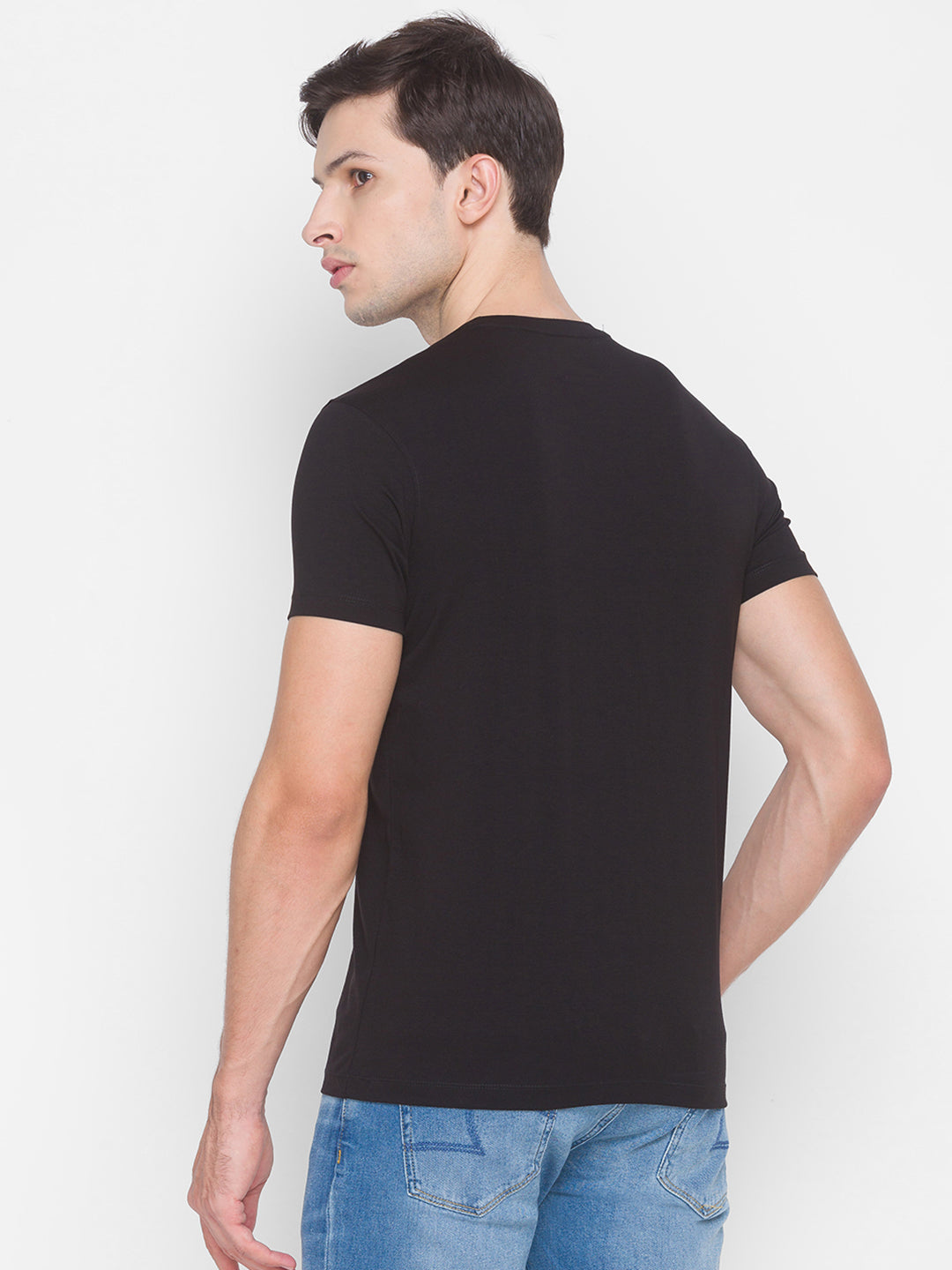 Spykar Men Black Cotton Slim Fit Round Neck T-Shirt