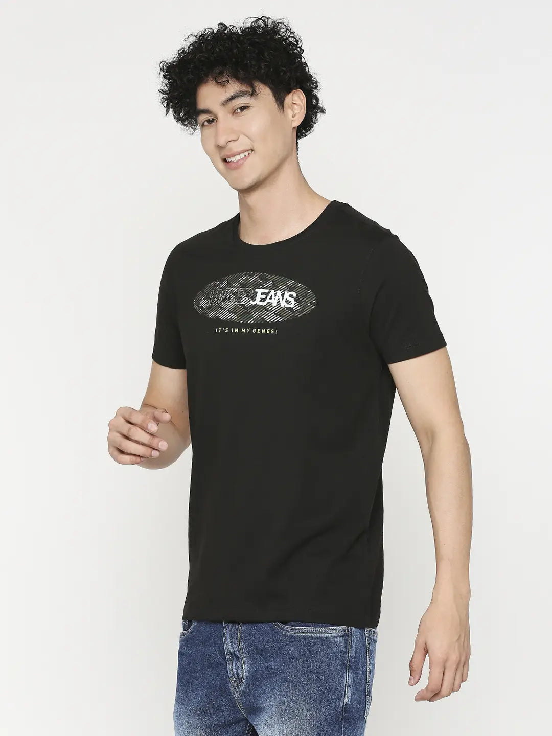 Men Premium Black Cotton Half Sleeve Printed Tshirt- Underjeans by Spykar