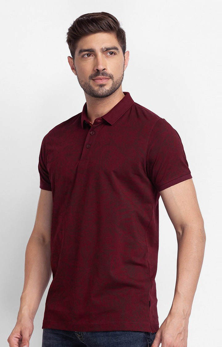 Spykar Wine Cotton Half Sleeve Printed Casual Polo T-Shirt For Men