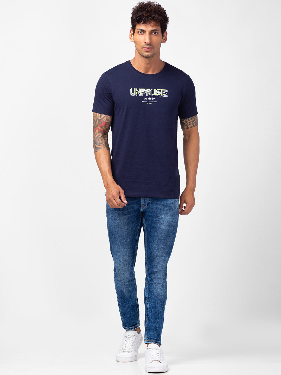 Spykar Men Navy Blue Cotton Slim Fit Round Neck Printed T-Shirt