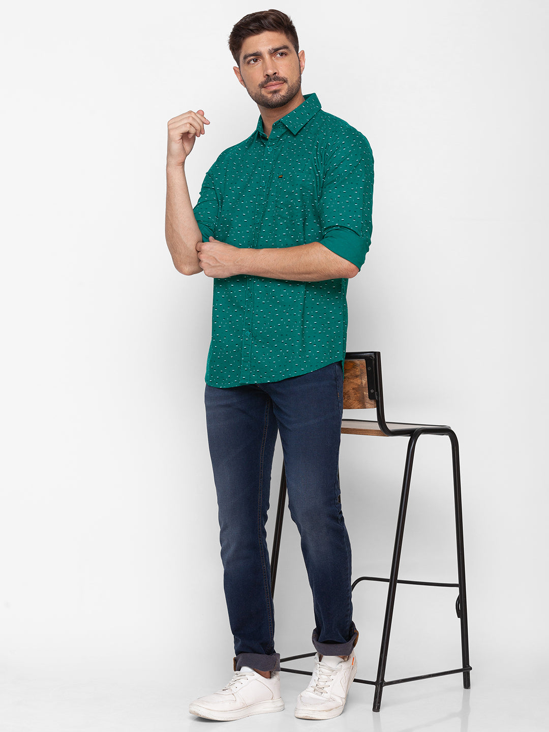 Spykar Sporty Green Cotton Full Sleeve Printed Shirt For Men