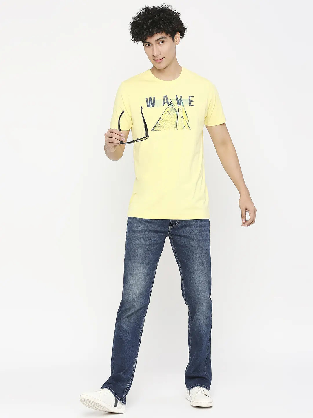 Spykar Men Powder Yellow Cotton Slim Fit Round Neck Printed T-Shirt