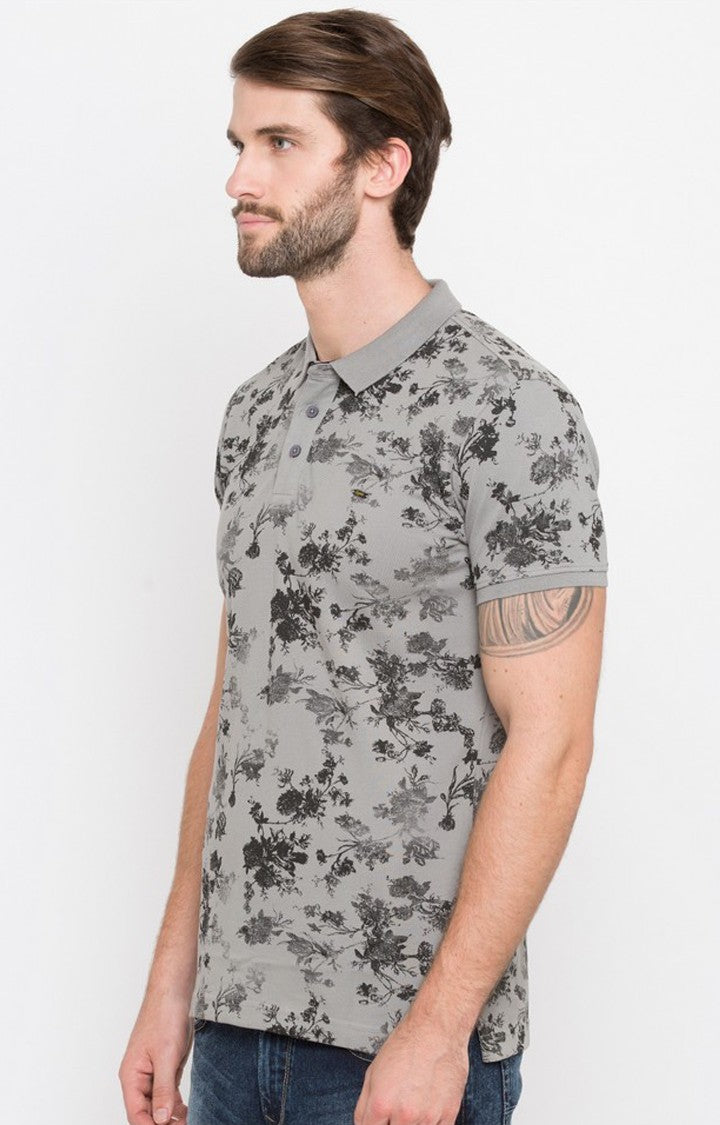 Spykar Grey Printed Slim Fit Polo T-Shirt