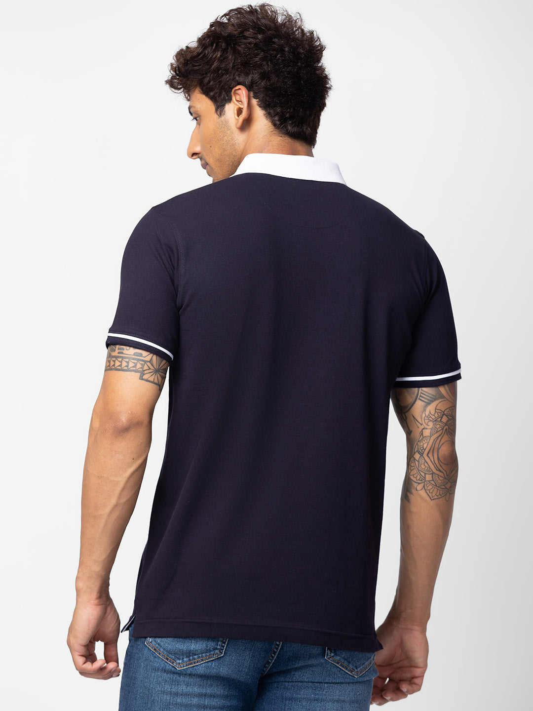 Spykar Men Navy Blue Cotton Regular Fit Half Sleeve Plain Polo T-Shirt