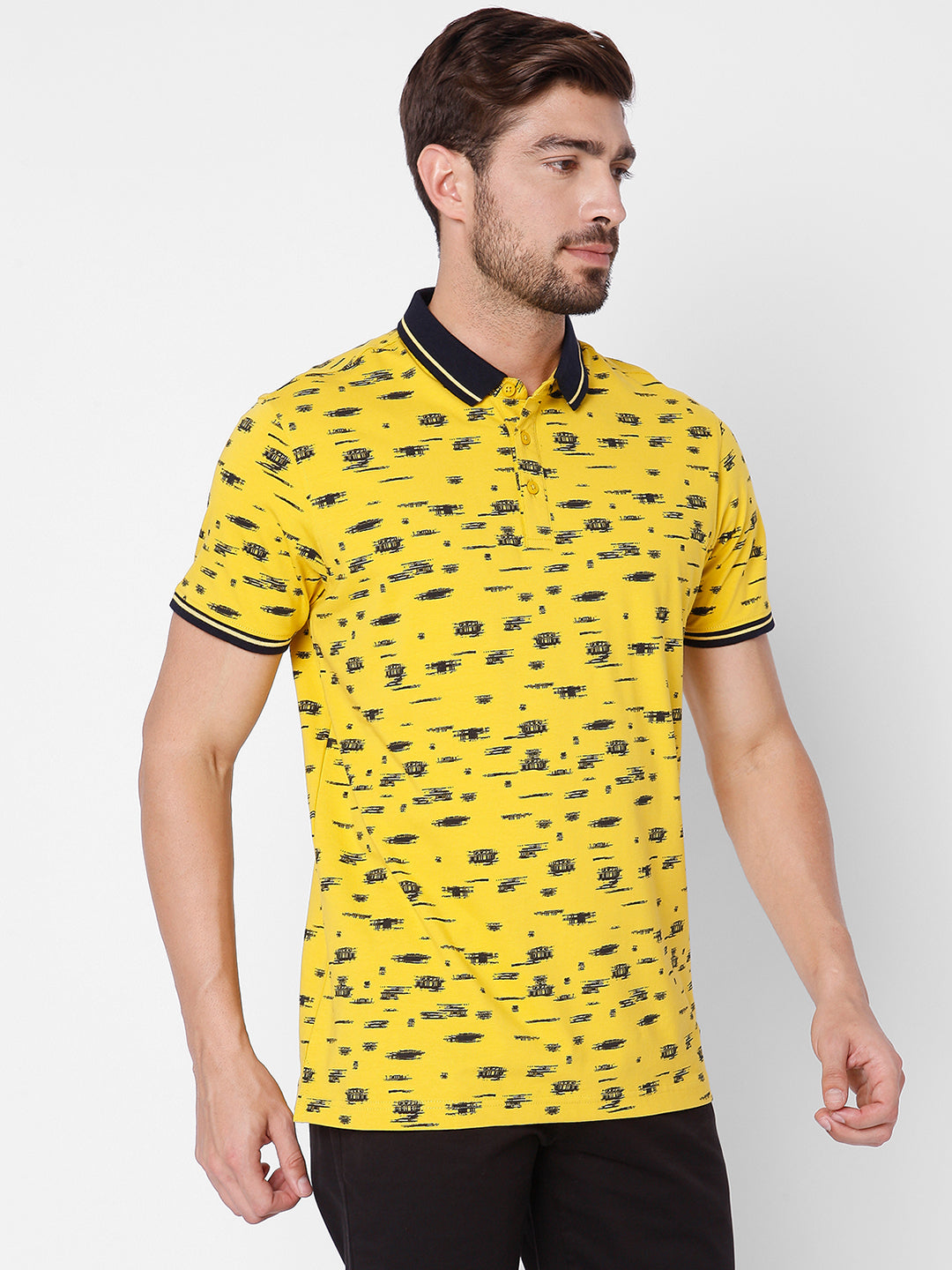 Spykar Men Yellow Cotton Slim Fit Polo T-Shirt