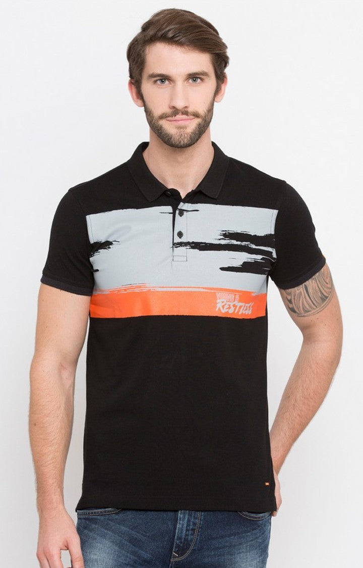 Spykar Black Printed Slim Fit Polo T-Shirt