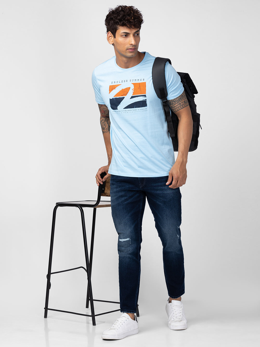 Spykar Men Powder Blue Cotton Regular Fit Half Sleeve Printed T-Shirt