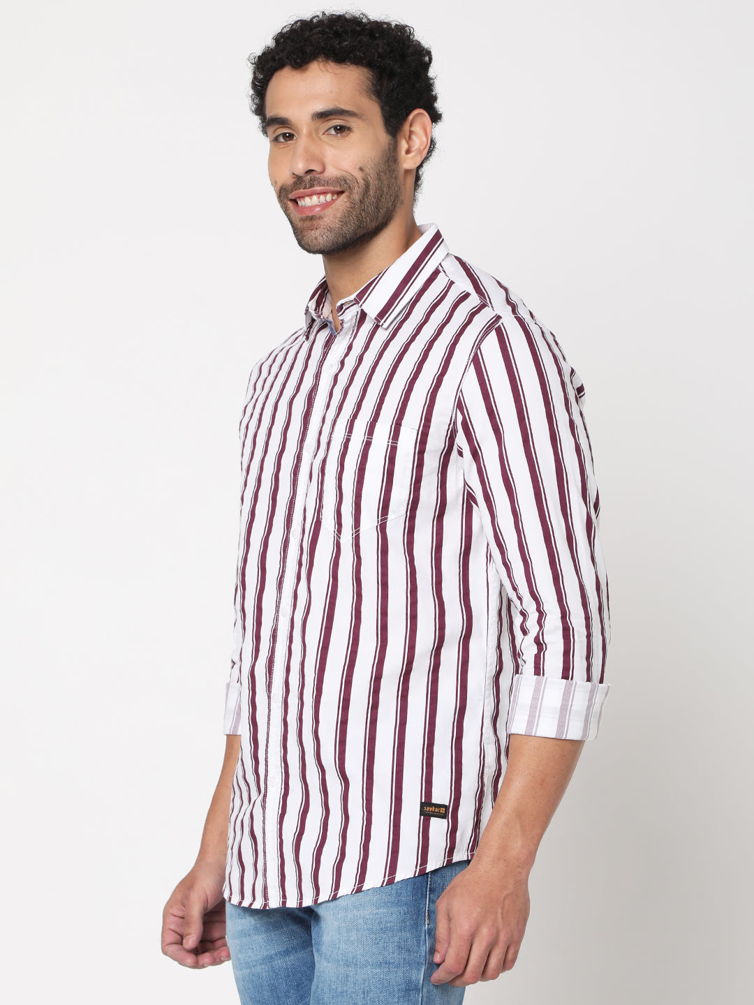 Spykar Men Plum Red Cotton Slim Fit Full Sleeve Striped Shirt