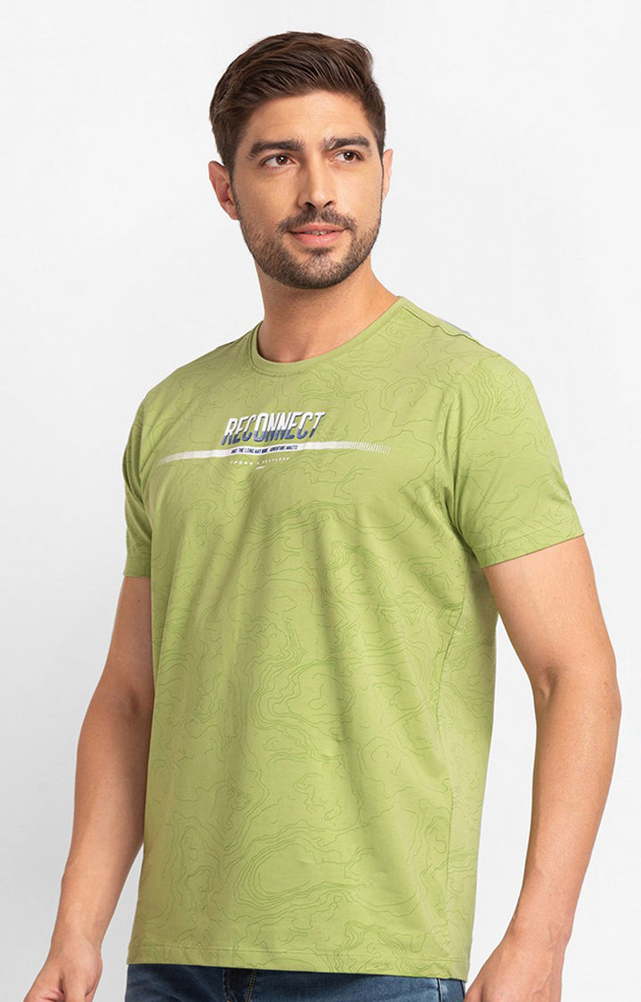 Spykar Dusty Green Cotton Half Sleeve Printed Casual T-Shirt For Men