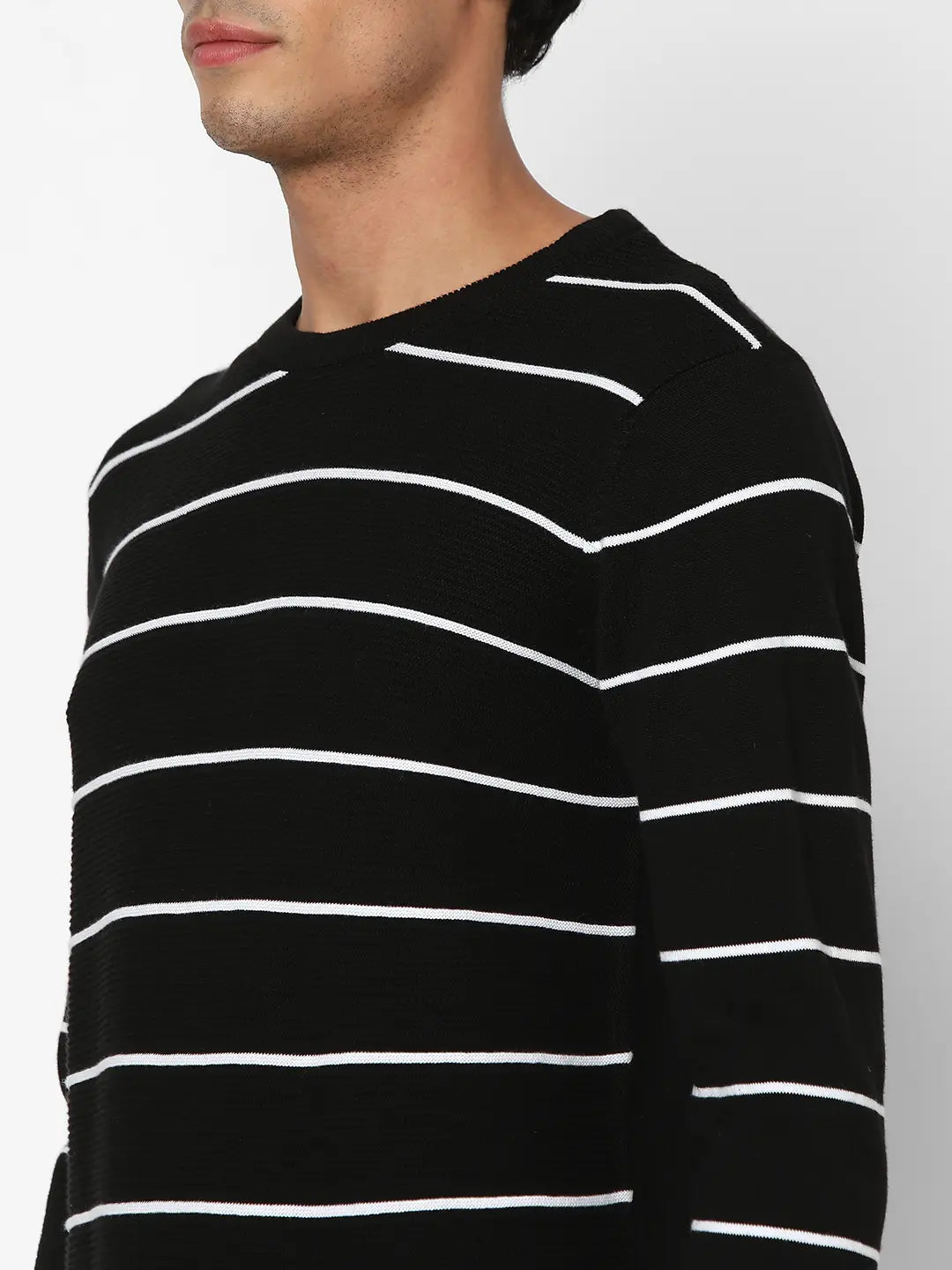 Spykar Men Black Cotton Regular Fit Full Sleeve Round Neck Striped Sweater
