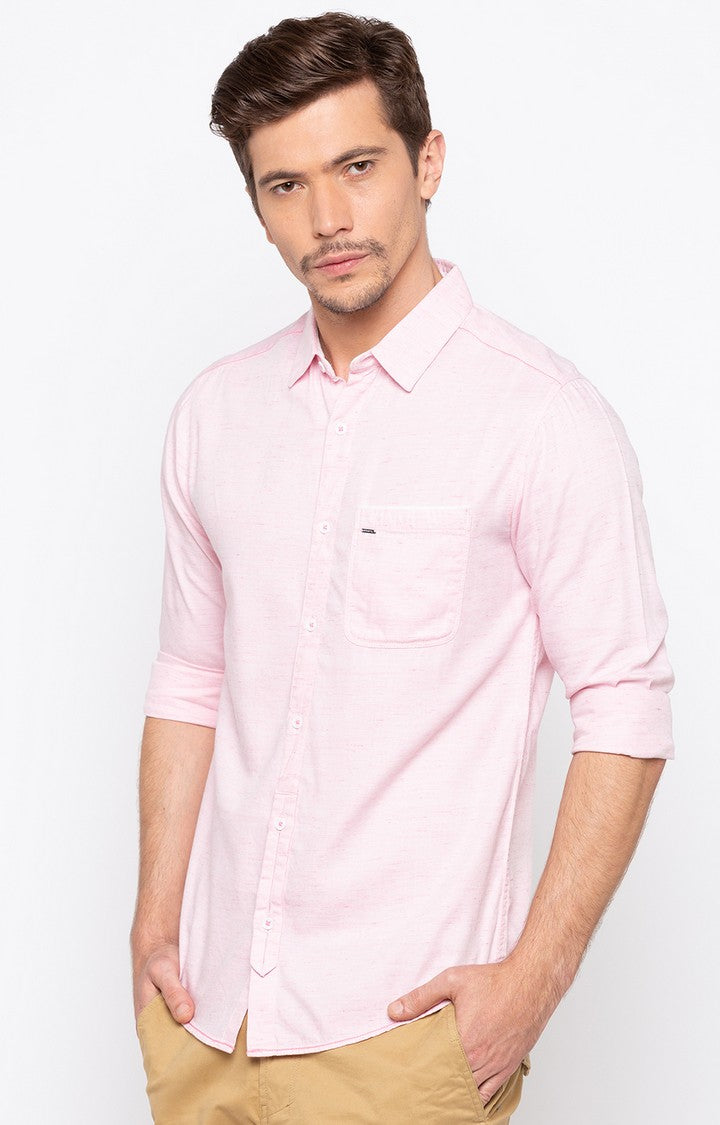 Spykar Men'S Pink Cotton Melange Casual Shirts