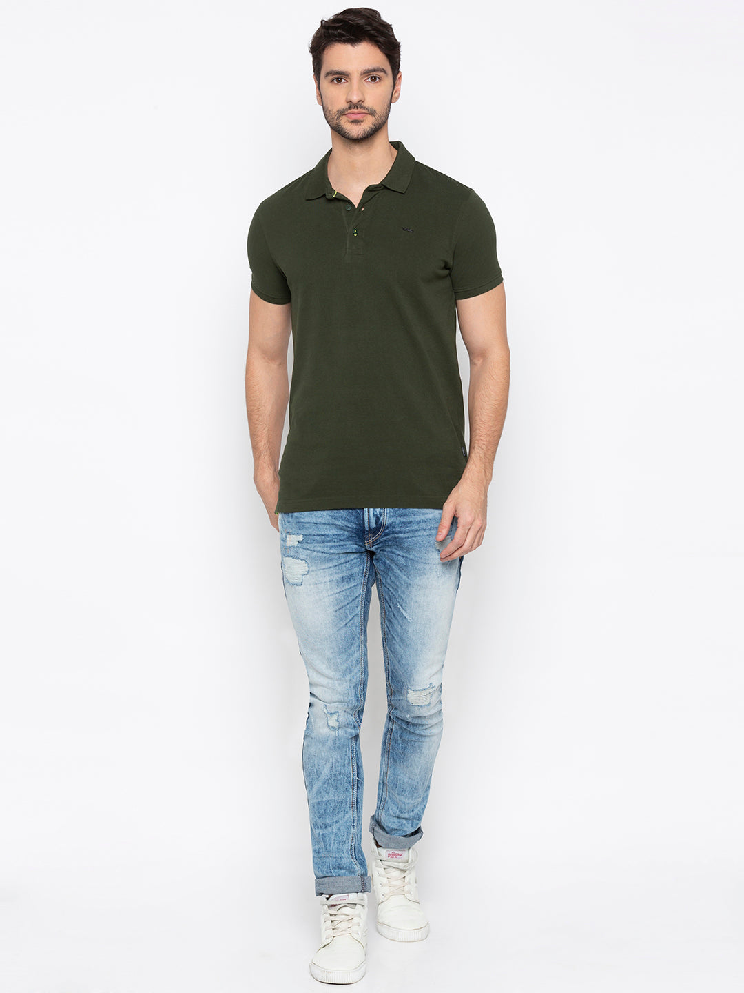 Spykar Men Green Cotton Slim Fit Polo T-Shirt