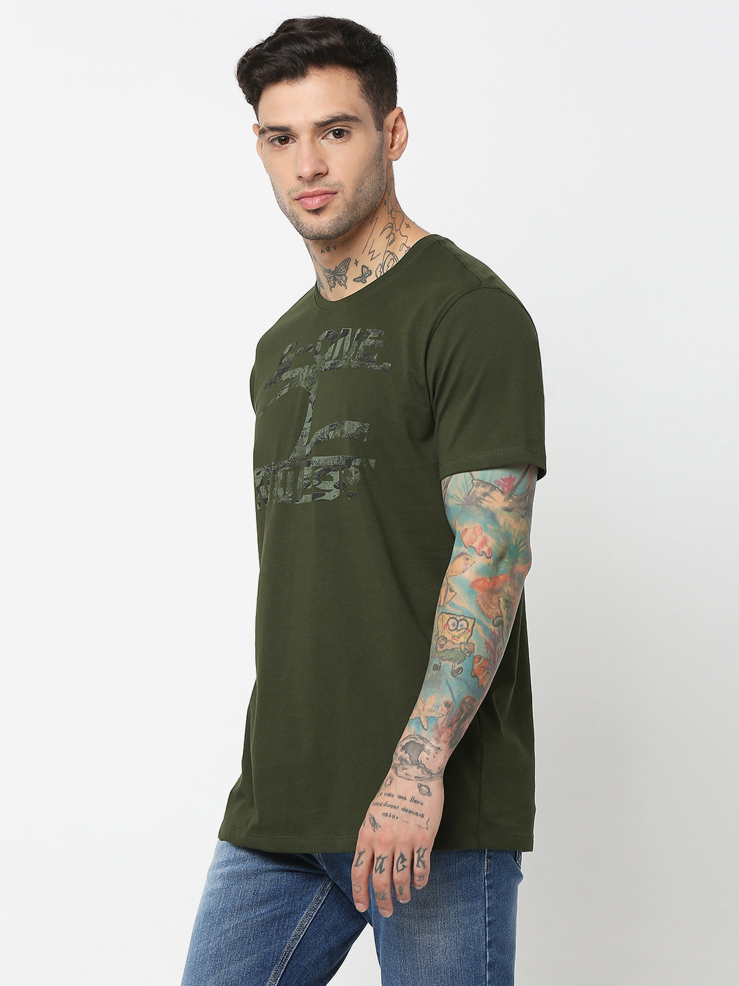 Spykar Men Olive Green Cotton Slim Fit Round Neck Printed T-Shirt