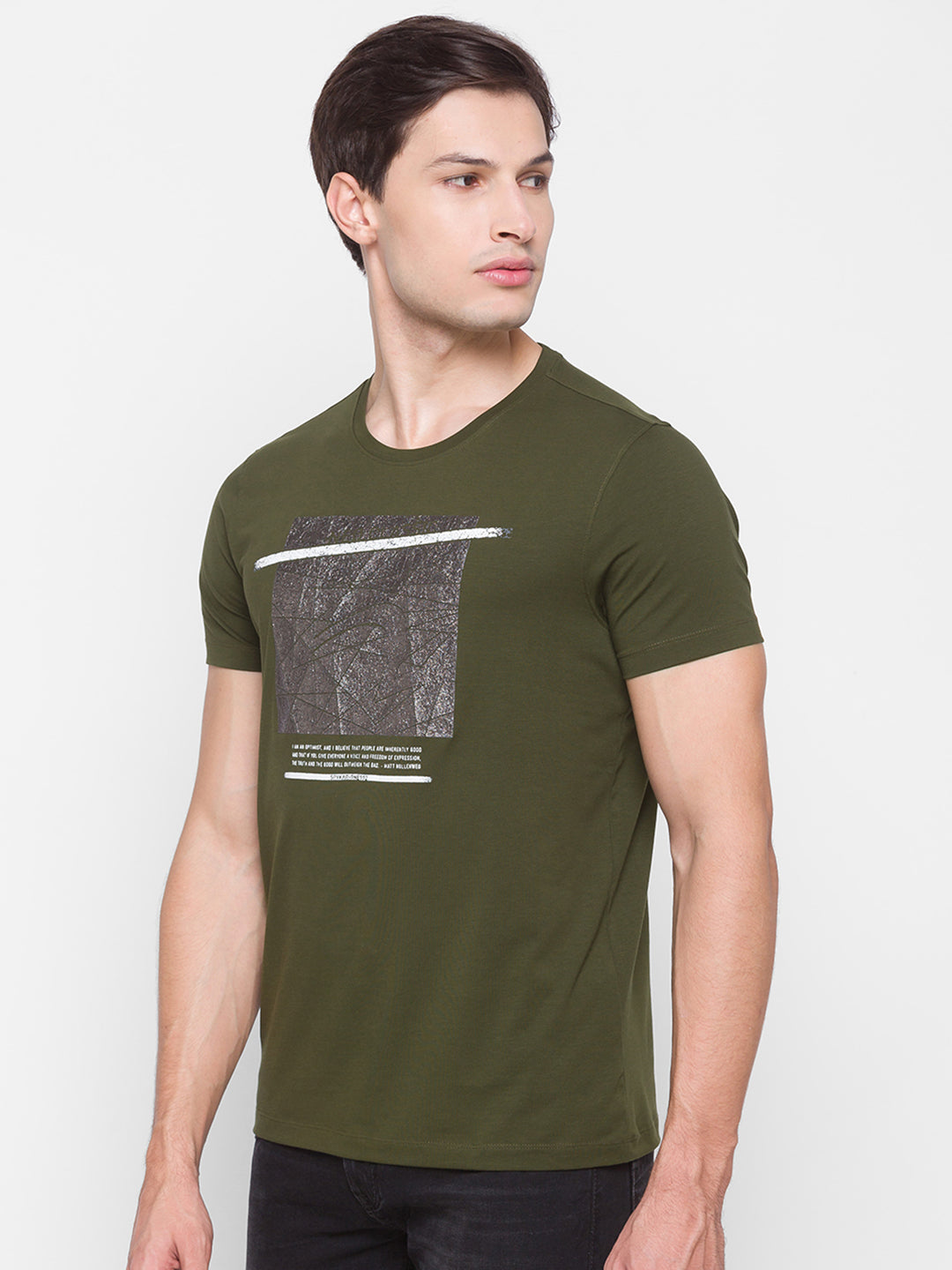 Spykar Men Green Cotton Slim Fit Round Neck T-Shirt