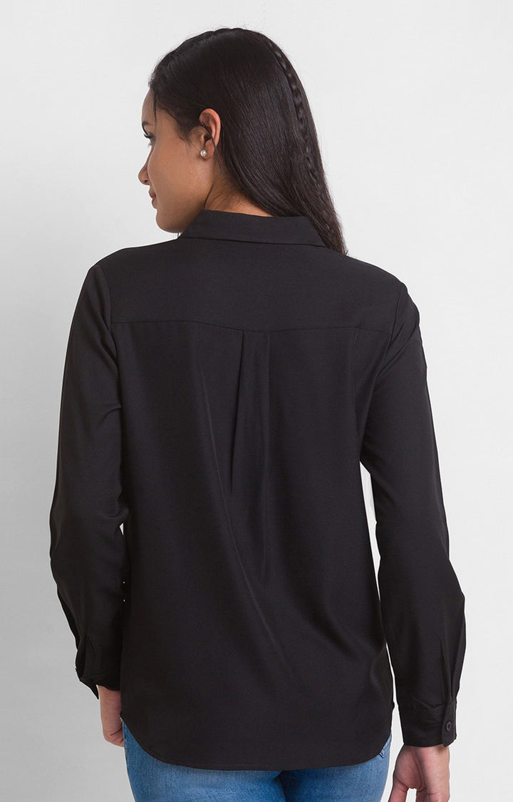 Spykar Black Cotton Full Sleeve Plain Shirts For Women