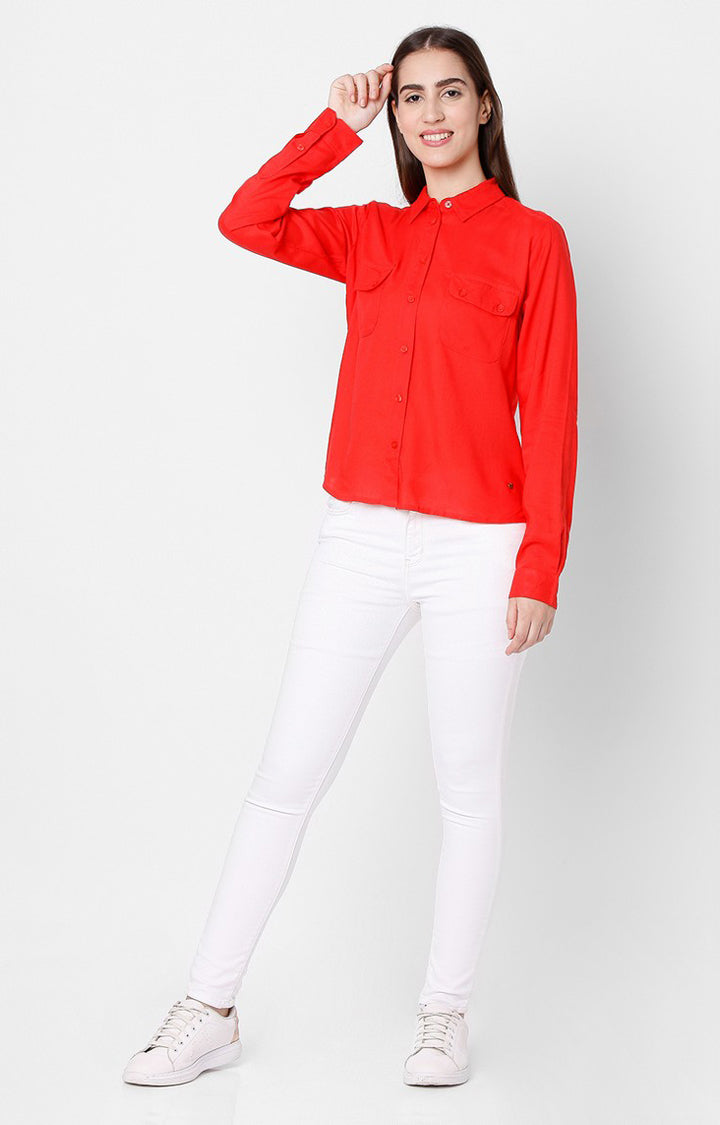 Spykar Regular Fit Red Cotton Women Shirts