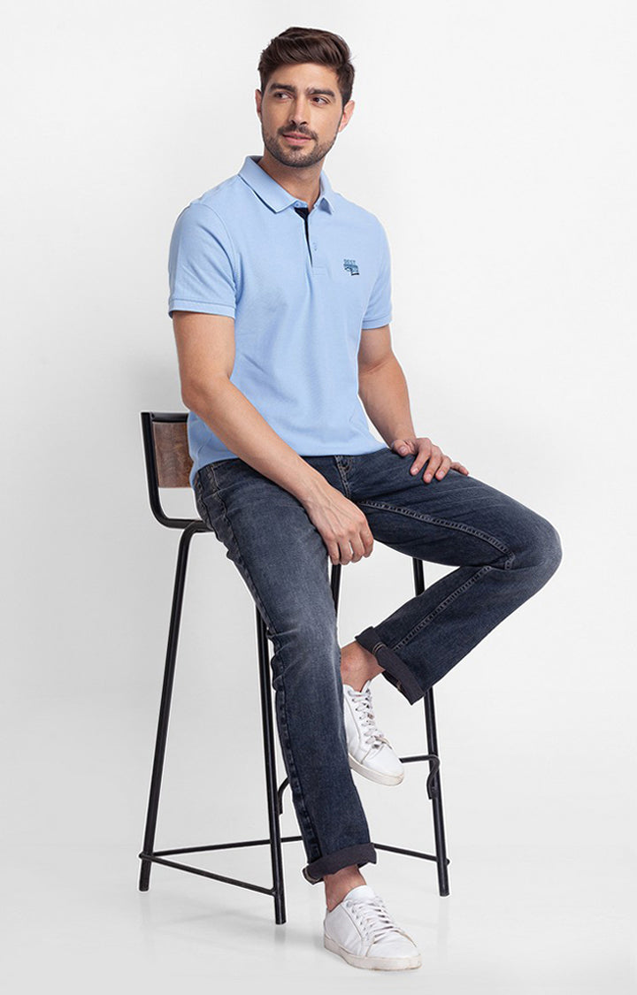 Spykar Powder Blue Cotton Half Sleeve Plain Casual Polo T-Shirt For Men