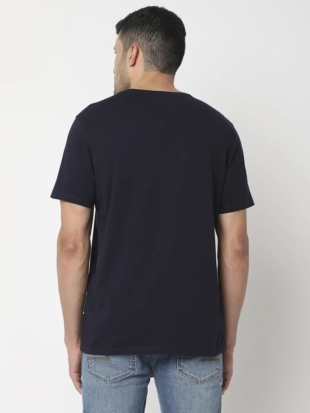 Spykar Men Navy Blue Cotton Regular Fit Printed Round Neck Tshirt