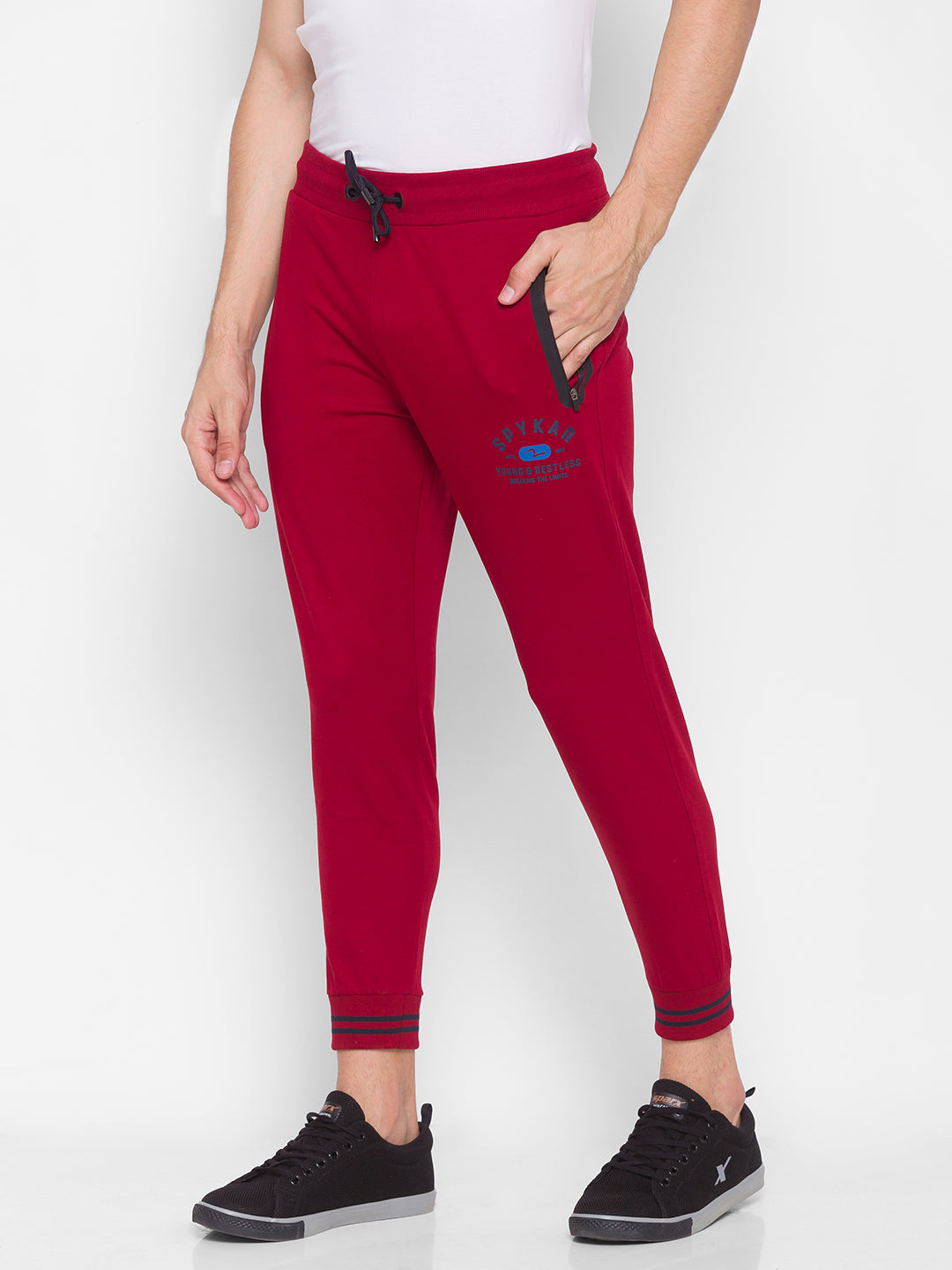 Spykar Men Red Cotton Slim Fit Mid Rise Trackpant