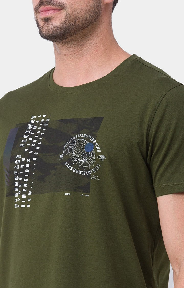 Spykar Rifle Green Cotton Half Sleeve Printed Casual T-Shirt For Men