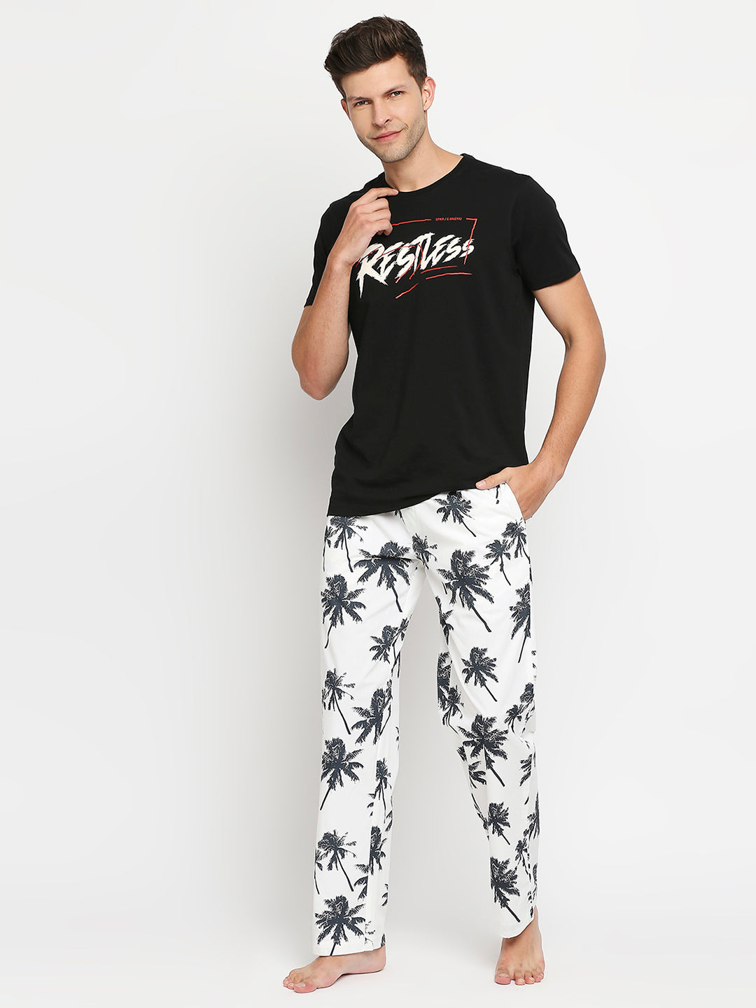 Men Premium White & Navy Printed Regular Fit Pyjama- UnderJeans By Spykar